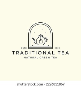 vector green tea line art with emblem style logo template illustration design, tea and teapot icon concept