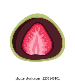Vector green tea mochi with strawberry. Illustration of japanese traditional matcha dessert. Asian food.