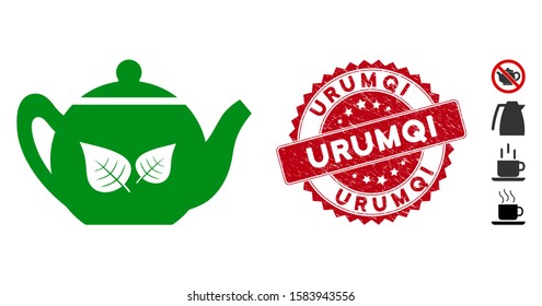 Vector green tea teapot icon and grunge round stamp seal with Urumqi text. Flat green tea teapot icon is isolated on a white background. Urumqi stamp seal uses red color and distress texture.