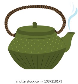 Vector green teapod with steam and decorating with dots and rattan holder