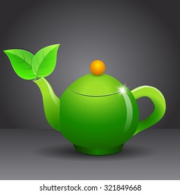 Vector green teapot  on gray background. Vector design template for card, icon,  banner, flyer. Can by used to promote your products and services.