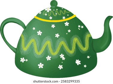 vector of green teapot with white flower decoration