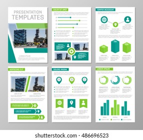 Vector green template for multipurpose presentation slides with graphs and charts. Design elements, chart, graph, brochures