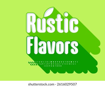 Vector Green template Rustic Flavors. Elegant Font with Big Shadow. Digital 3D Alphabet Letters and Numbers set.