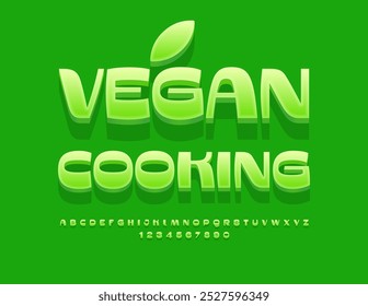 Vector green template Vegan Cooking. Modern Green 3D Font. Creative set of Alphabet Letters and Numbers.