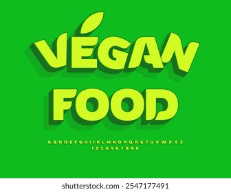 Vector green template Vegan Food. Bright Stylish Font. Isometric Alphabet Letters and Numbers set.