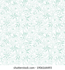 Vector green textured garden tea party seamless pattern background. Perfect for fabric, scrapbooking, wallpaper projects, wrap papers. 