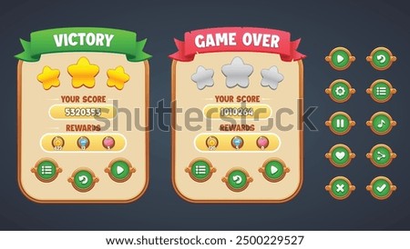 Vector green theme deluxe game UI kit. Set of victory and gameover menu scene pop up, icons, and round buttons.