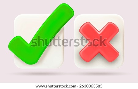 Vector green tick symbol, red cross sign in square. Approval. White squares Yes or no icon. Like and dislike icon. Template for approve or deny line art vector icon for apps, websites and ui ux.