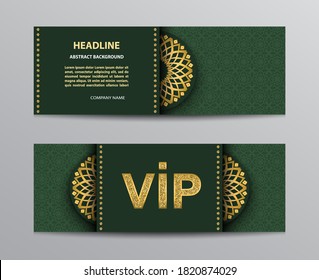 Vector green ticket templates with golden glittering VIP sign and mandalas on pattern background in arabic style.