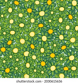 Vector green tightly arranged fun daisy flowers repeat pattern with yellow polkodot center. Suitable for textile, gift wrap and wallpaper.