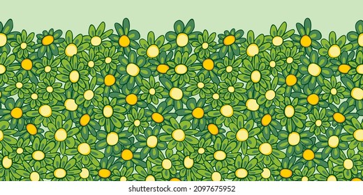 Vector green tightly arranged fun daisy flowers horizontal border pattern with yellow polkodot center. Suitable for posters and invitation cards.