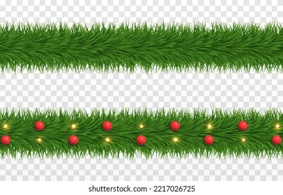 Vector green tinsel PNG. Spruce branches png, pine, spruce. Christmas garland, wreath. Christmas decorations, New Year background.