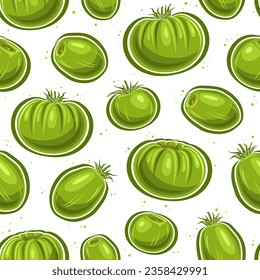 Vector Green Tomato seamless pattern, repeating background with different cut out farming tomatoes for bed linen, decorative square poster with group of flat lay whole tomato fruits for home interior