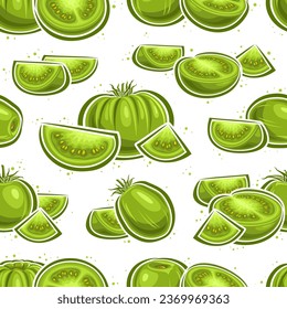 Vector Green Tomato seamless pattern, repeating background with still life compositions of tomatoes for bed linen, decorative square poster with group of flat lay sour tomato fruits for home interior