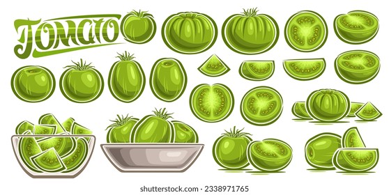 Vector Green Tomato Set, colección de dibujos animados diseño de composiciones de vida vegetarianas, tomates ovales jugosos crudos en un plato transparente de vidrio, conjunto de varias verduras redondas y tomate de texto verde