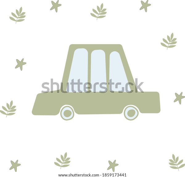 Vector green toy car in flat style on\
white background with elements of stars and\
leaves