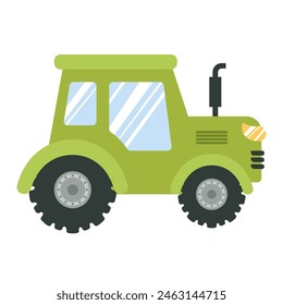 Vector green tractor in flat minimalistic style, isolated on white background. Agricultural machinery in doodle style. Country car.