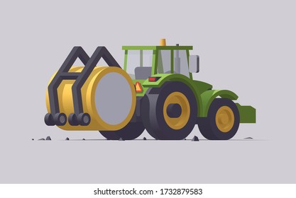 Vector green tractor with round cotton bale. Rear view. Isolated illustration