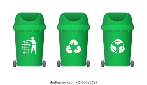 Vector green trash can. Ecology and recycling concept. Recycling symbols. Vector illustration