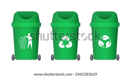 Vector green trash can. Ecology and recycling concept. Recycling symbols. Vector illustration