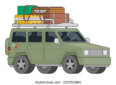 Vector green travel jeep with luggage on the roof.