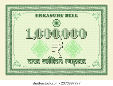 Vector green Treasury bond with a face value of 1000000 Indian rupee. One million. Vintage frame with guilloche mesh