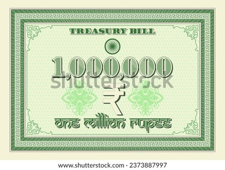 Vector green Treasury bond with a face value of 1000000 Indian rupee. One million. Vintage frame with guilloche mesh