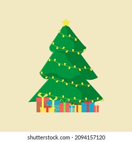 vector green tree decorated with garlands. christmas tree with gifts