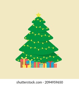 árbol verde vectorial decorado con guirnaldas. árbol de navidad con regalos