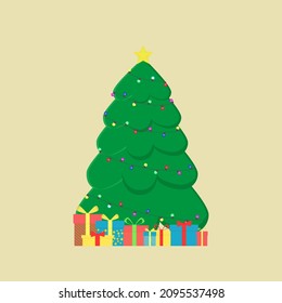 vector green tree decorated with garlands. christmas tree with gifts