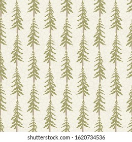 Vector Green Tree Forest on Textured Beige Background Seamless Repeat Pattern. Background for textile, book covers, manufacturing, wallpapers, print, gift wrap and scrapbooking.
