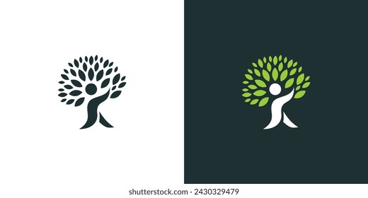 Vector green tree man logo, human ecology tree logo. human tree logo on white and dark background