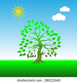 Vector Green Tree on Blue Sky Background for Your Design