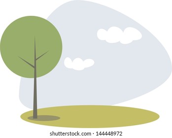 Vector green tree on the hill at blue sky spring or summer day. Idyllic eco landscape, park or scene with white clouds - flat illustration isolated on white background.