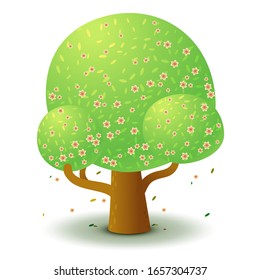 Vector green tree with pink flowers in spring and summer. Game UI flat. Stylized drawing for logo design, decor clothes, build 2D games or postcards. Isolated stock illustration on white background.
