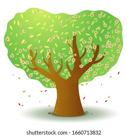 Vector green tree with pink flowers in spring and summer. Game UI flat. Stylized drawing for logo design, decor clothes, build 2D games or postcards. Isolated stock illustration on white background.