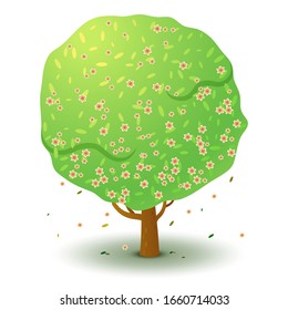 Vector green tree with pink flowers in spring and summer. Game UI flat. Stylized drawing for logo design, decor clothes, build 2D games or postcards. Isolated stock illustration on white background.
