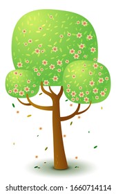 Vector green tree with pink flowers in spring and summer. Game UI flat. Stylized drawing for logo design, decor clothes, build 2D games or postcards. Isolated stock illustration on white background.