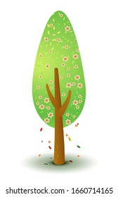 Vector green tree with pink flowers in spring and summer. Game UI flat. Stylized drawing for logo design, decor clothes, build 2D games or postcards. Isolated stock illustration on white background.