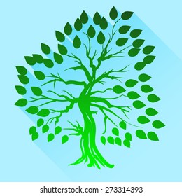 Vector Green Tree Silhouette Isolated on Blue Background.