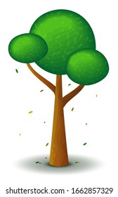 Vector green tree in spring and summer. Game UI flat. Stylized drawing for logo design, decorating clothes, build 2D games or postcards. Isolated stock illustration on white background.