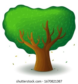 Vector green tree in spring and summer. Game UI flat. Stylized drawing for logo design, decorating clothes, build 3D games or postcards. Isolated stock illustration on white background.