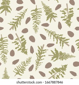 Vector Green Trees and Pinecones on Beige Background Seamless Repeat Pattern. Background for textile, book covers, manufacturing, wallpapers, print, gift wrap and scrapbooking.