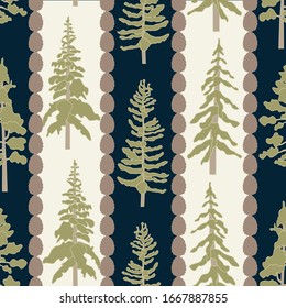 Vector Green Trees and Pinecones on Beige Blue Stripes Seamless Repeat Pattern. Background for textile, book covers, manufacturing, wallpapers, print, gift wrap and scrapbooking.