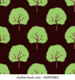 Vector green trees. Seamless cartoon pattern on a brown background