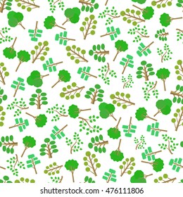 Vector Green Trees Silhouettes Seamless Pattern on White.