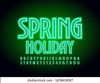 Vector green trendy banner Spring Holiday. Neon electric Font. Glowing Alphabet Letters and Numbers
