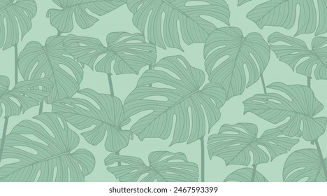 Vector green tropical background with monstera leaves for decor, covers, backdrops, wallpapers