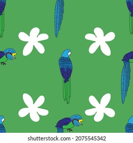 Vector Green Tropical birds with flowers seamless background pattern